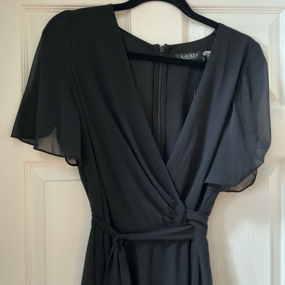 Lauren Ralph Lauren Black Midi Wrap Dress with Flutter Sleeves